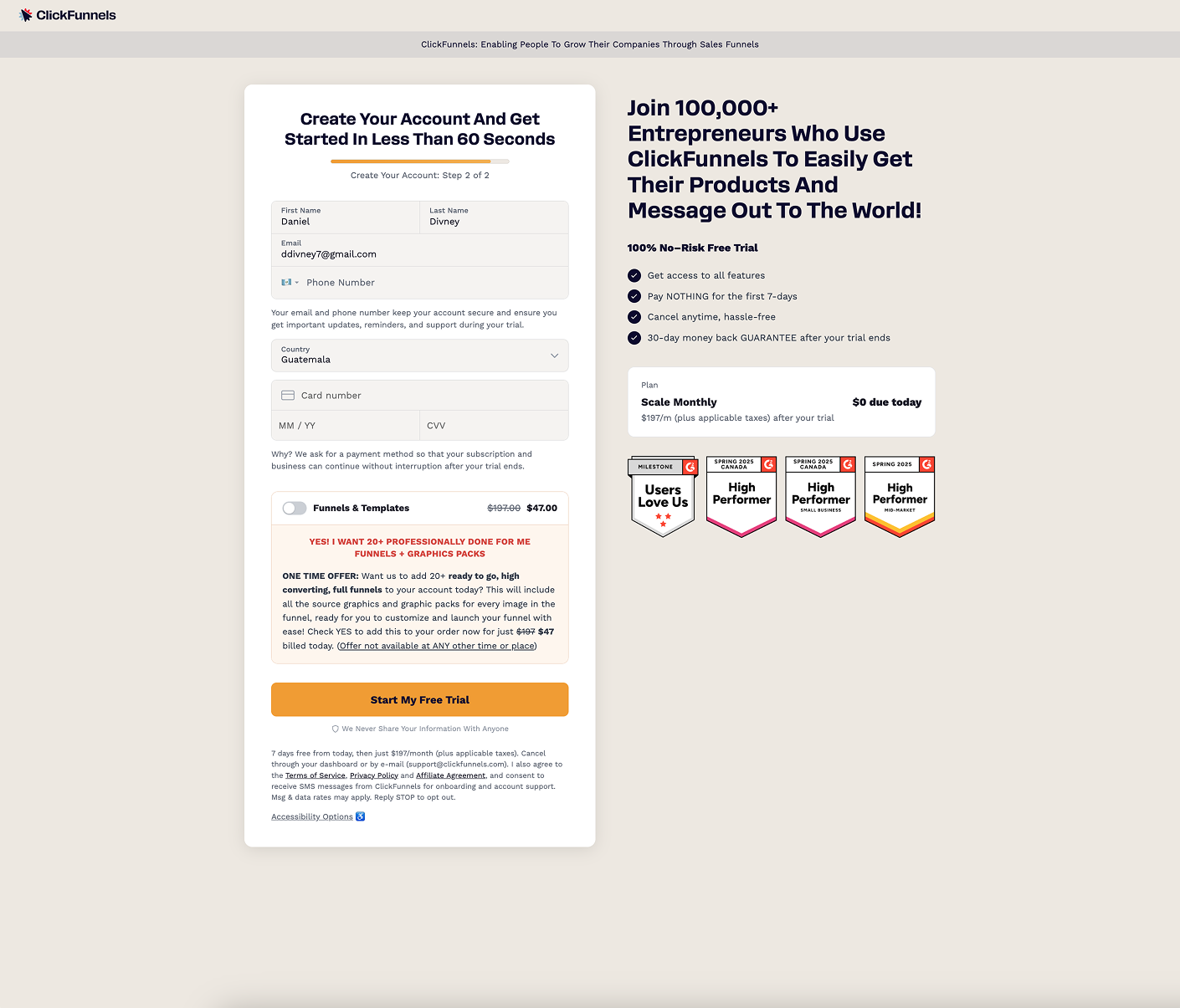 Iteration 4: $0 trial pricing with explanatory microcopy beneath the card fields